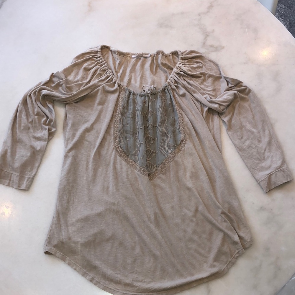 Language taupe cotton blend peasant top. L